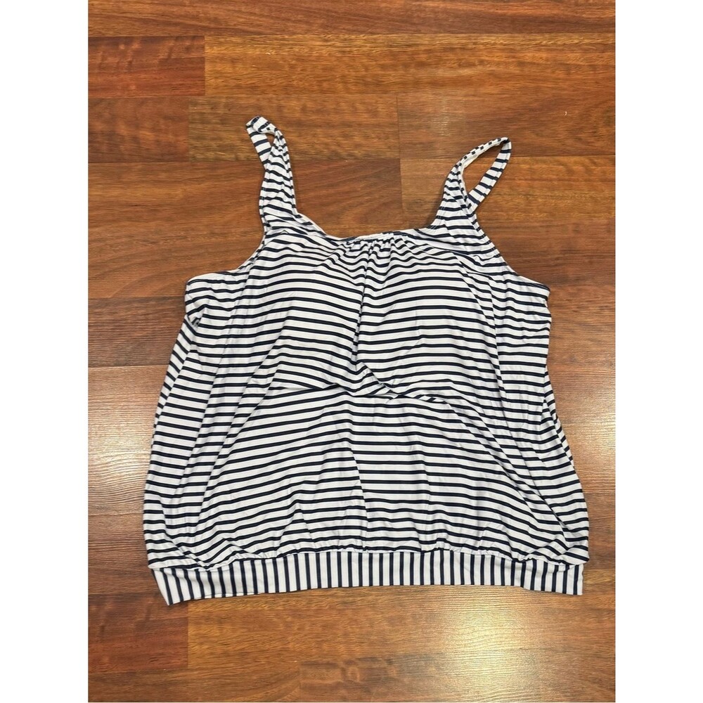NWT - Yonique - Striped Navy and White Blouson Tankini Swim Top